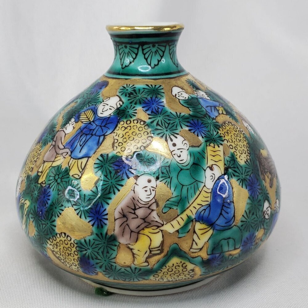 Antique Japanese Kutani Ware Aoki Mokumei Flower Porcelain Vase 4" Tall Gilt - Picture 2 of 14